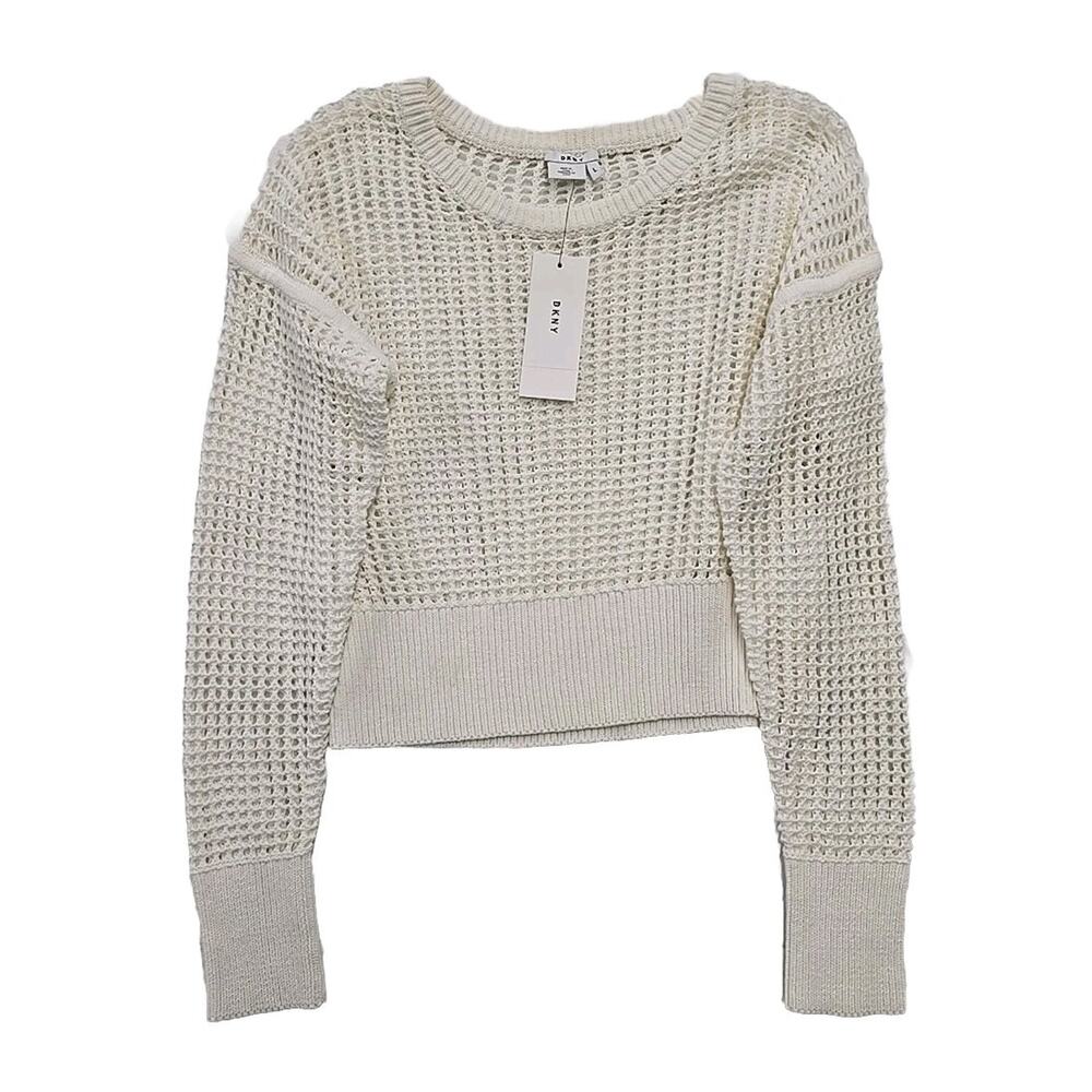 DKNY White Mesh Open Knit Cropped Pullover Sweater Coastal Boho NWT $99 Large